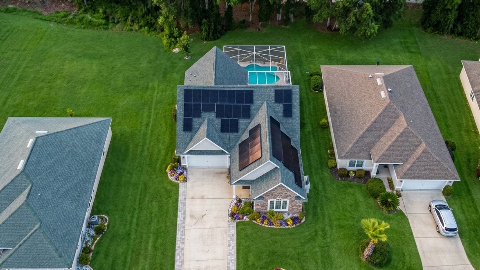 Aerial view of 728 Lake Diamond Ave, Ocala - pool home with solar panels