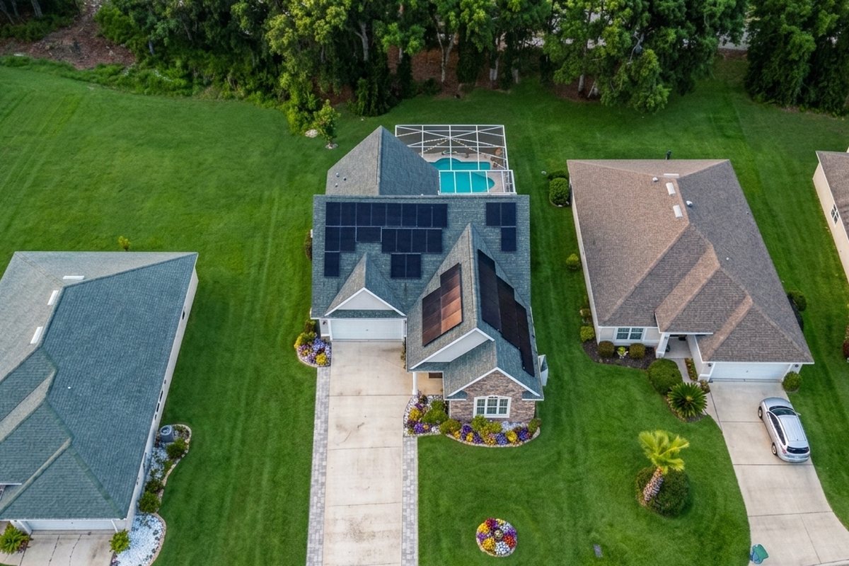 728 Lake Diamond Ave, Ocala FL - aerial view of pool home with solar panels
